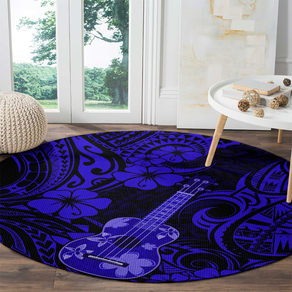 hawaii-ukulele-round-carpet-polynesian-pattern-navy-blue-version