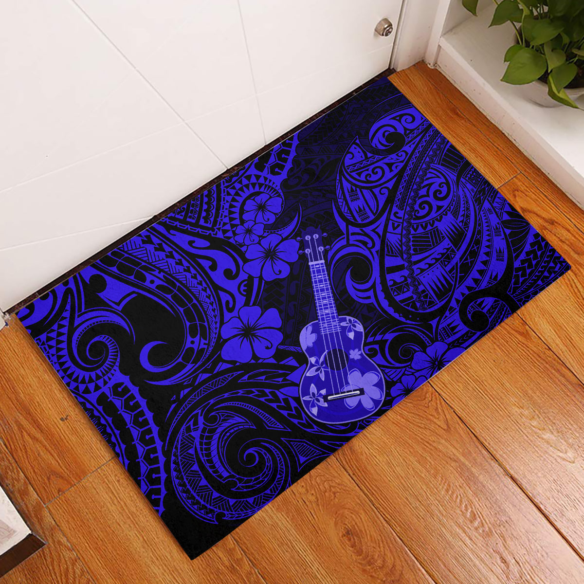 Hawaii Ukulele Rubber Doormat Polynesian Pattern Navy Blue Version - Wonder Print Shop