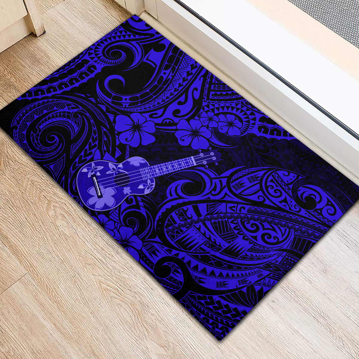 Hawaii Ukulele Rubber Doormat Polynesian Pattern Navy Blue Version - Wonder Print Shop