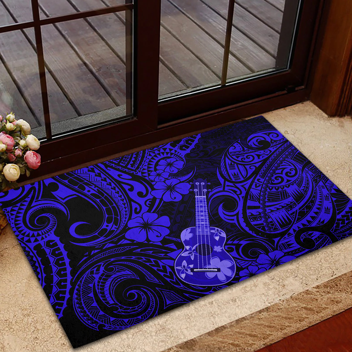 Hawaii Ukulele Rubber Doormat Polynesian Pattern Navy Blue Version - Wonder Print Shop