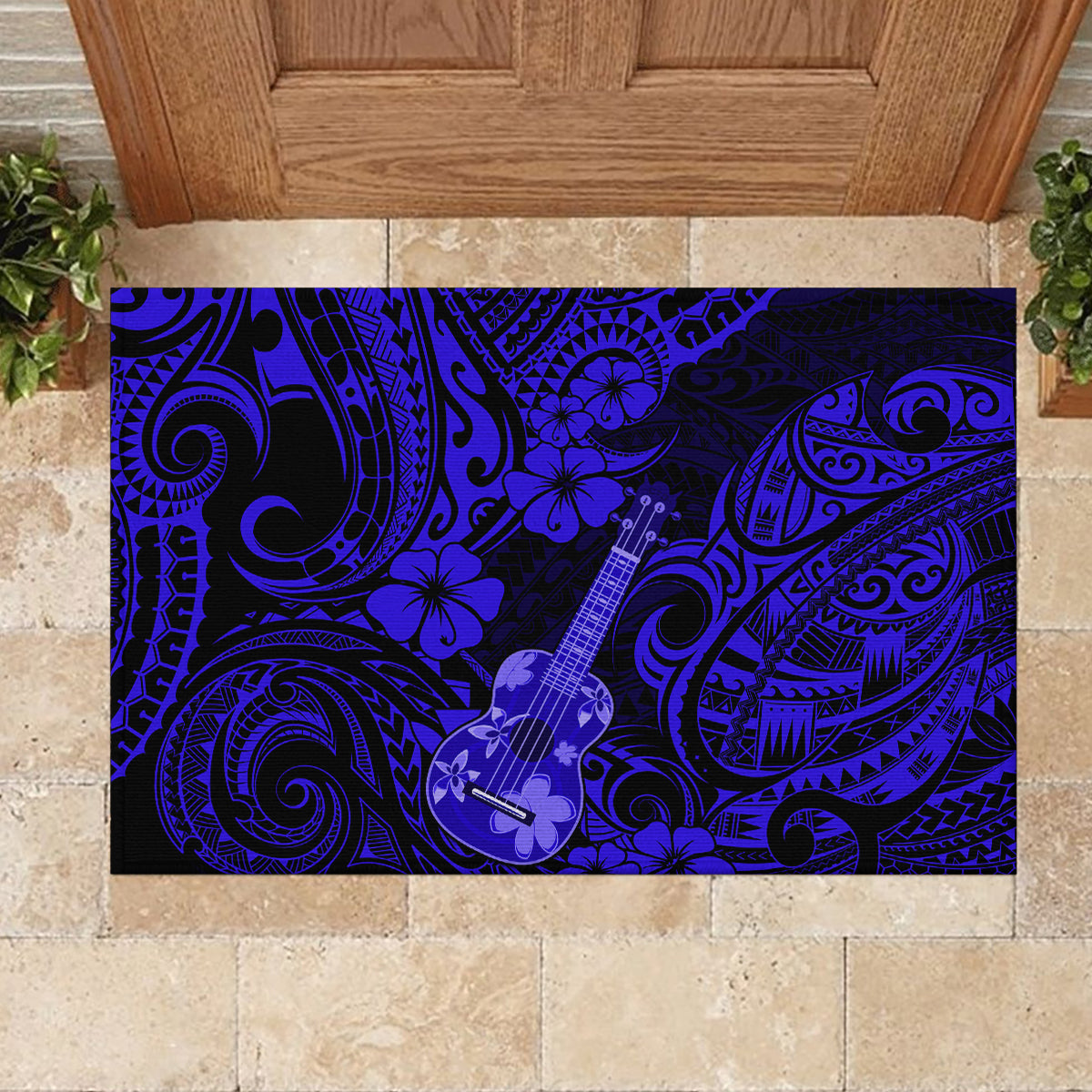Hawaii Ukulele Rubber Doormat Polynesian Pattern Navy Blue Version - Wonder Print Shop