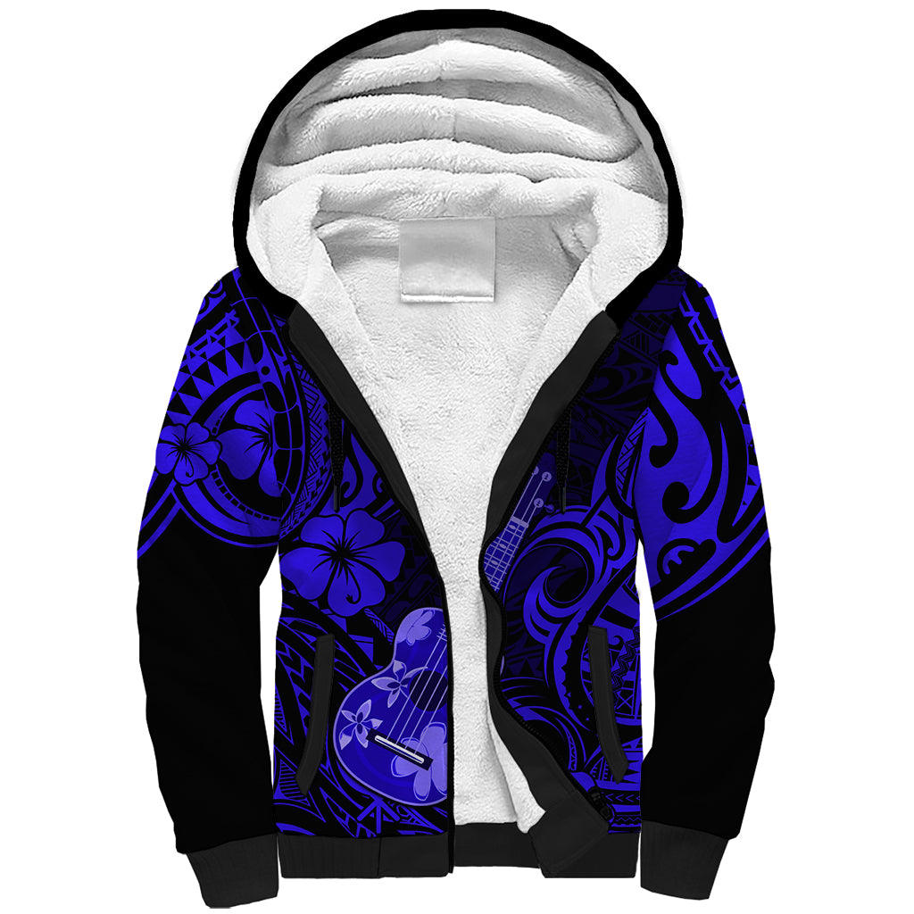 Hawaii Ukulele Sherpa Hoodie Polynesian Pattern Navy Blue Version - Wonder Print Shop