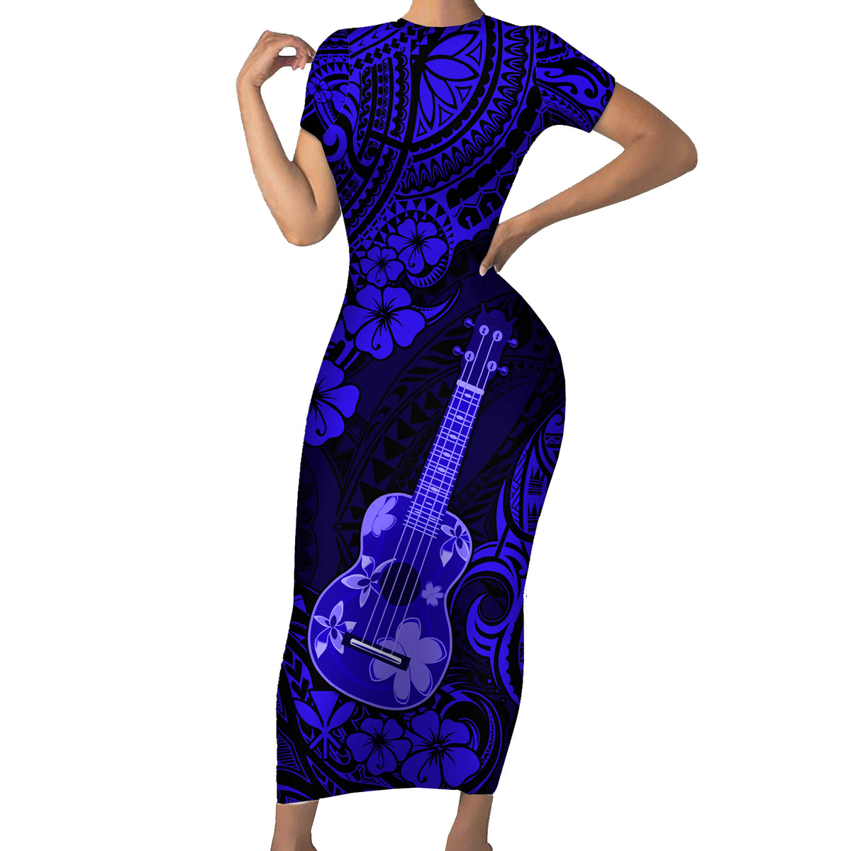 Hawaii Ukulele Short Sleeve Bodycon Dress Polynesian Pattern Navy Blue Version - Wonder Print Shop