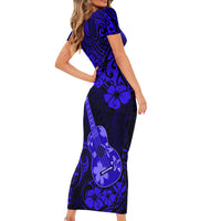 Hawaii Ukulele Short Sleeve Bodycon Dress Polynesian Pattern Navy Blue Version - Wonder Print Shop