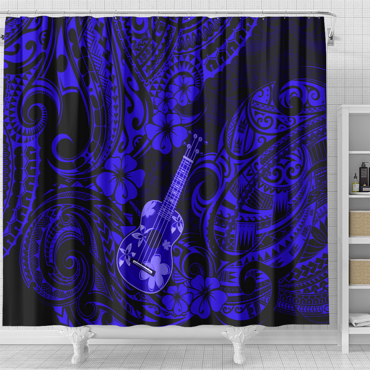 hawaii-ukulele-shower-curtain-polynesian-pattern-navy-blue-version