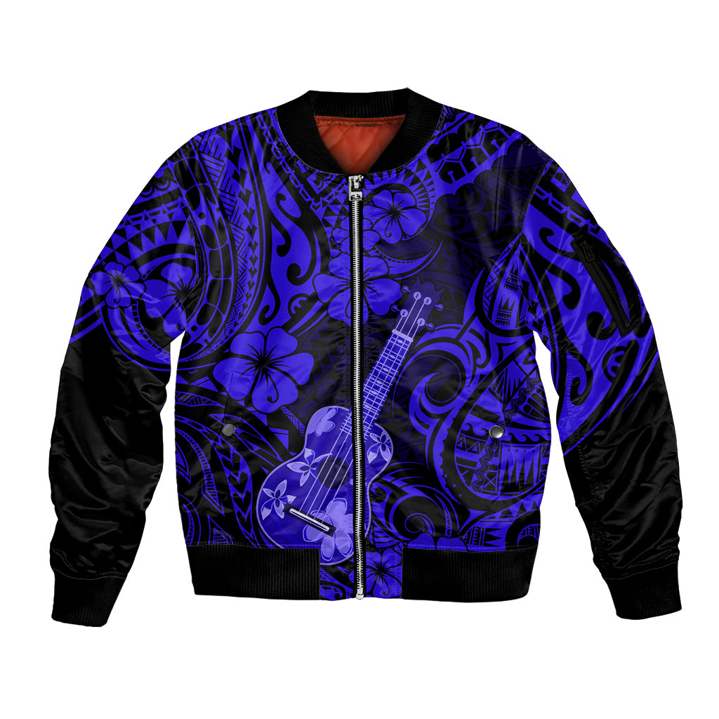Hawaii Ukulele Sleeve Zip Bomber Jacket Polynesian Pattern Navy Blue Version - Wonder Print Shop