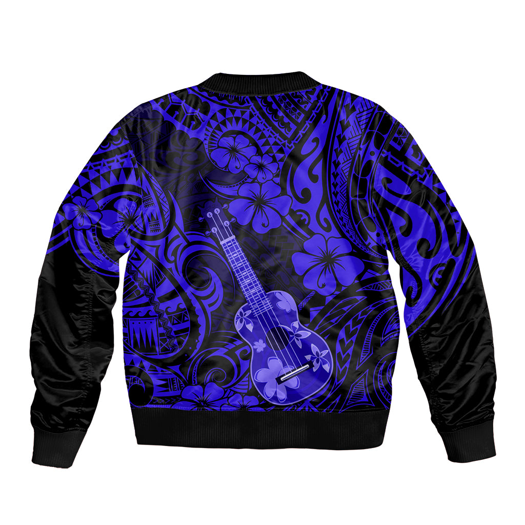 Hawaii Ukulele Sleeve Zip Bomber Jacket Polynesian Pattern Navy Blue Version - Wonder Print Shop