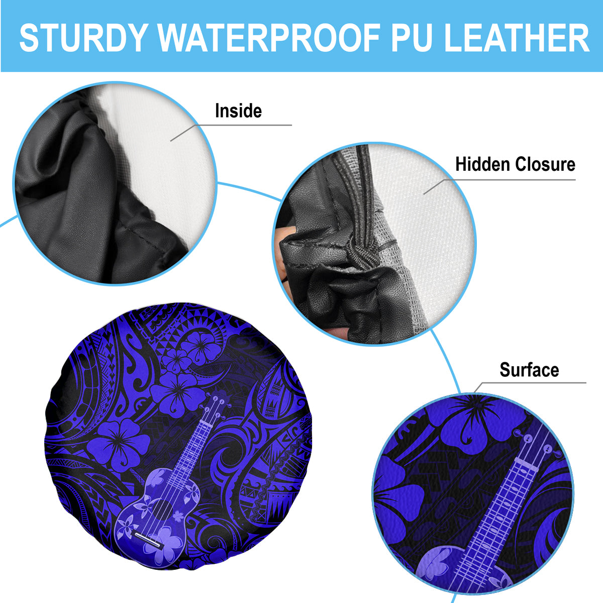 Hawaii Ukulele Spare Tire Cover Polynesian Pattern Navy Blue Version - Wonder Print Shop