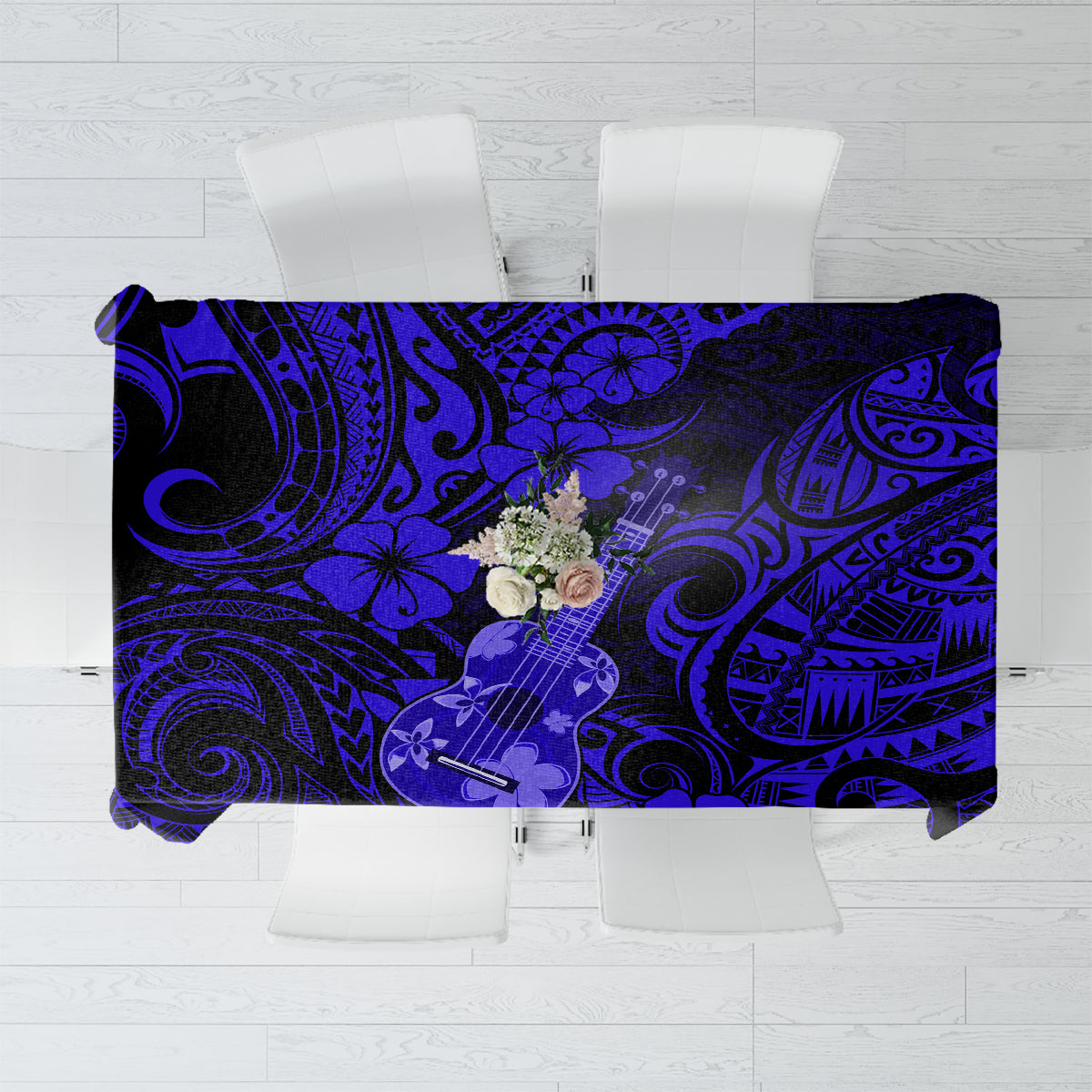Hawaii Ukulele Tablecloth Polynesian Pattern Navy Blue Version - Wonder Print Shop