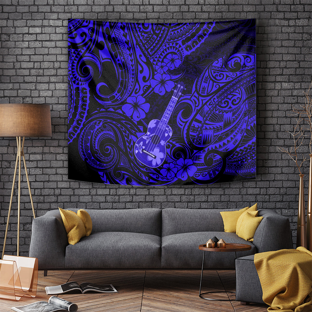 Hawaii Ukulele Tapestry Polynesian Pattern Navy Blue Version - Wonder Print Shop