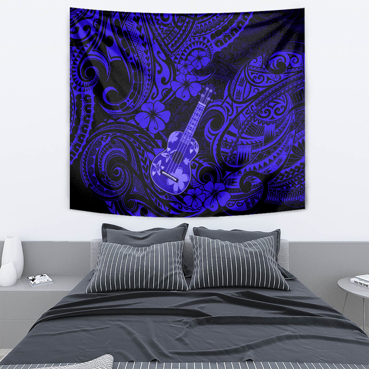 Hawaii Ukulele Tapestry Polynesian Pattern Navy Blue Version - Wonder Print Shop