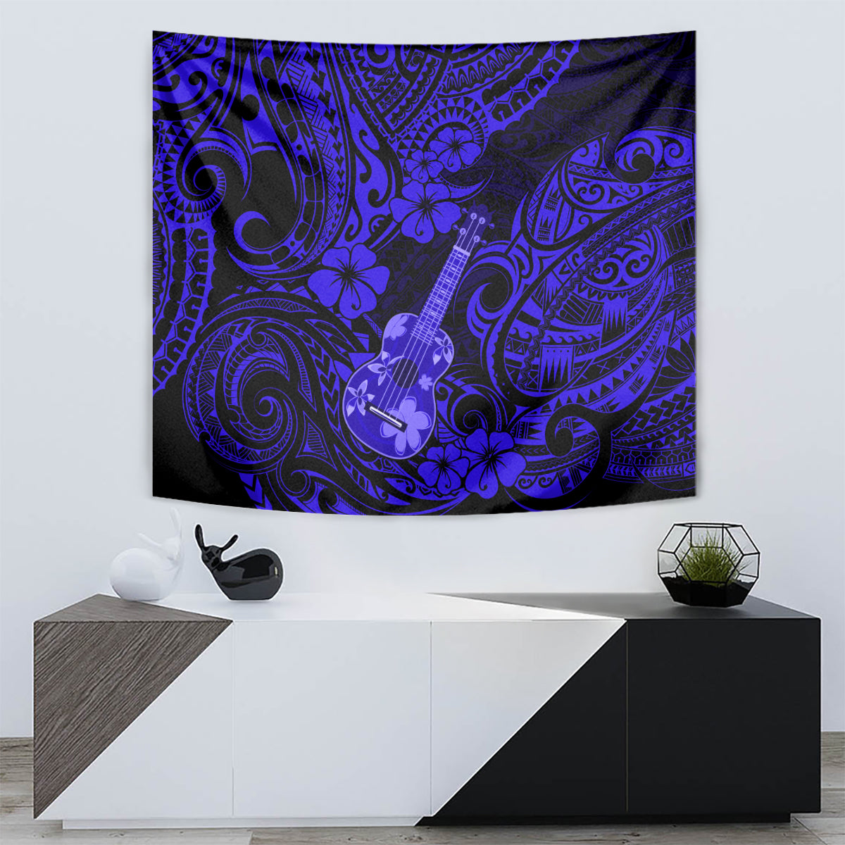 Hawaii Ukulele Tapestry Polynesian Pattern Navy Blue Version - Wonder Print Shop