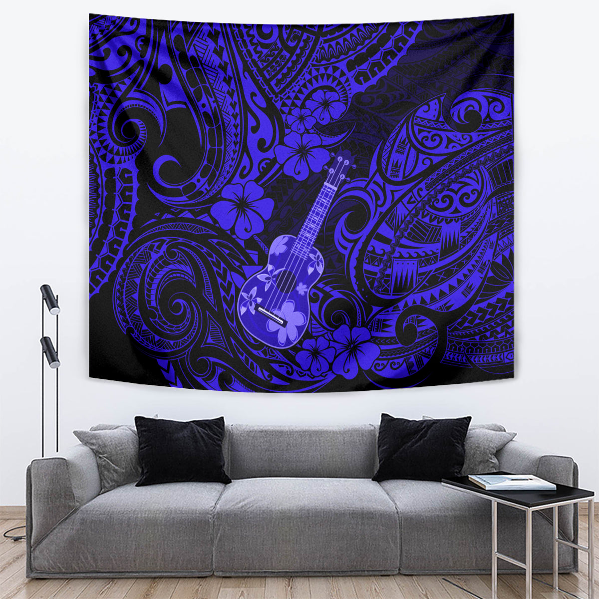 Hawaii Ukulele Tapestry Polynesian Pattern Navy Blue Version - Wonder Print Shop