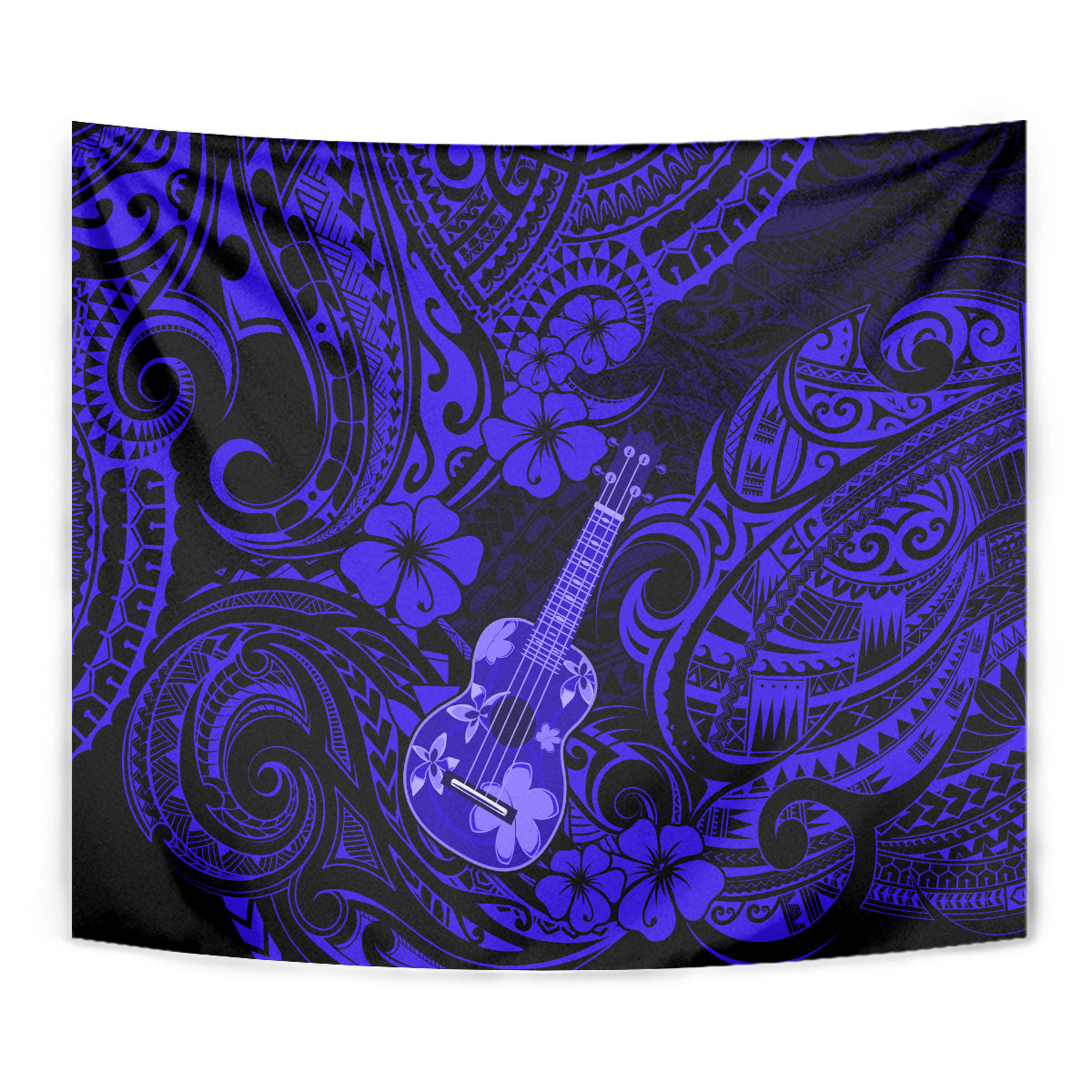 Hawaii Ukulele Tapestry Polynesian Pattern Navy Blue Version - Wonder Print Shop