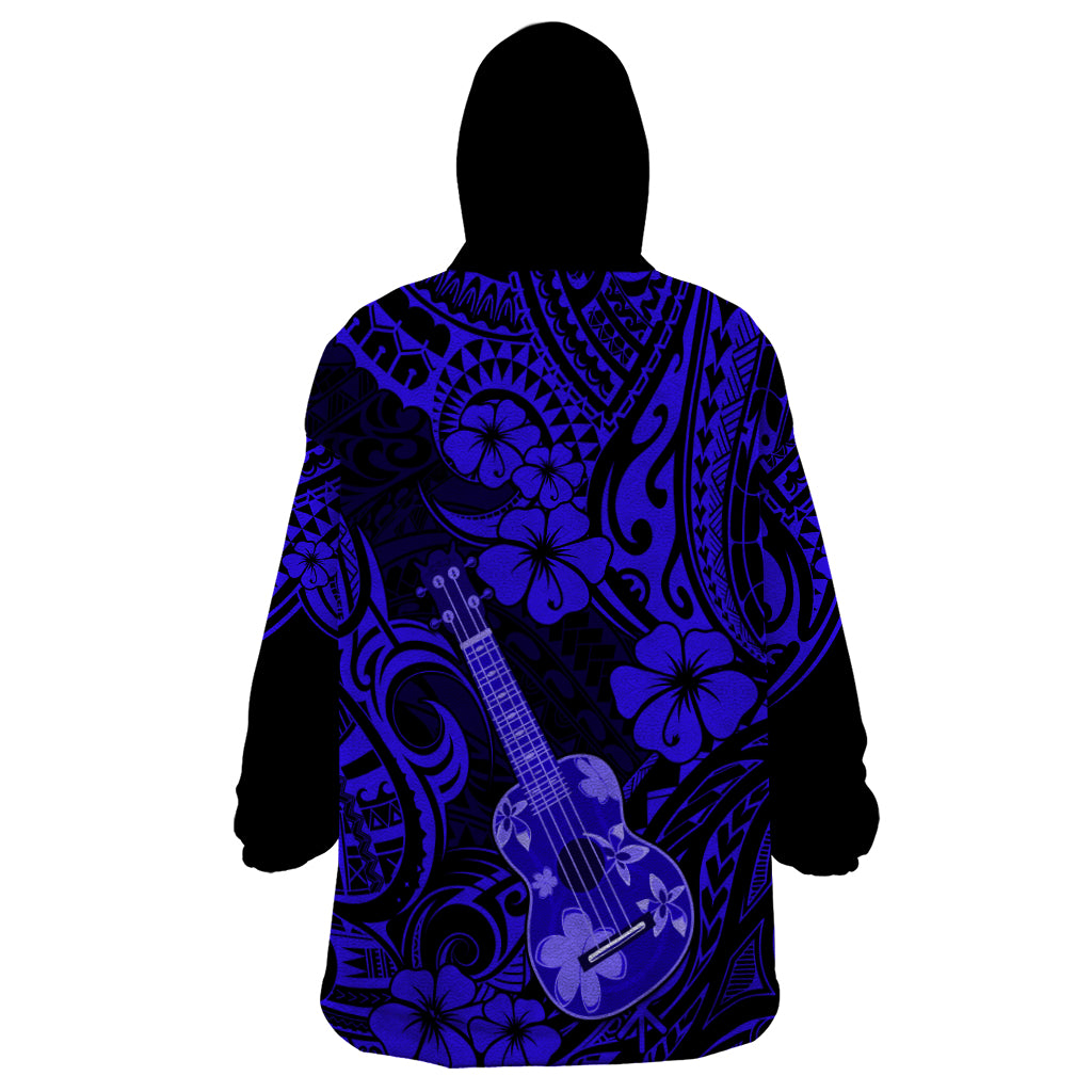 Hawaii Ukulele Wearable Blanket Hoodie Polynesian Pattern Navy Blue Version - Wonder Print Shop