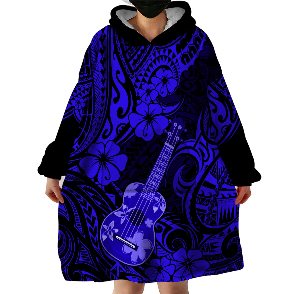 Hawaii Ukulele Wearable Blanket Hoodie Polynesian Pattern Navy Blue Version - Wonder Print Shop
