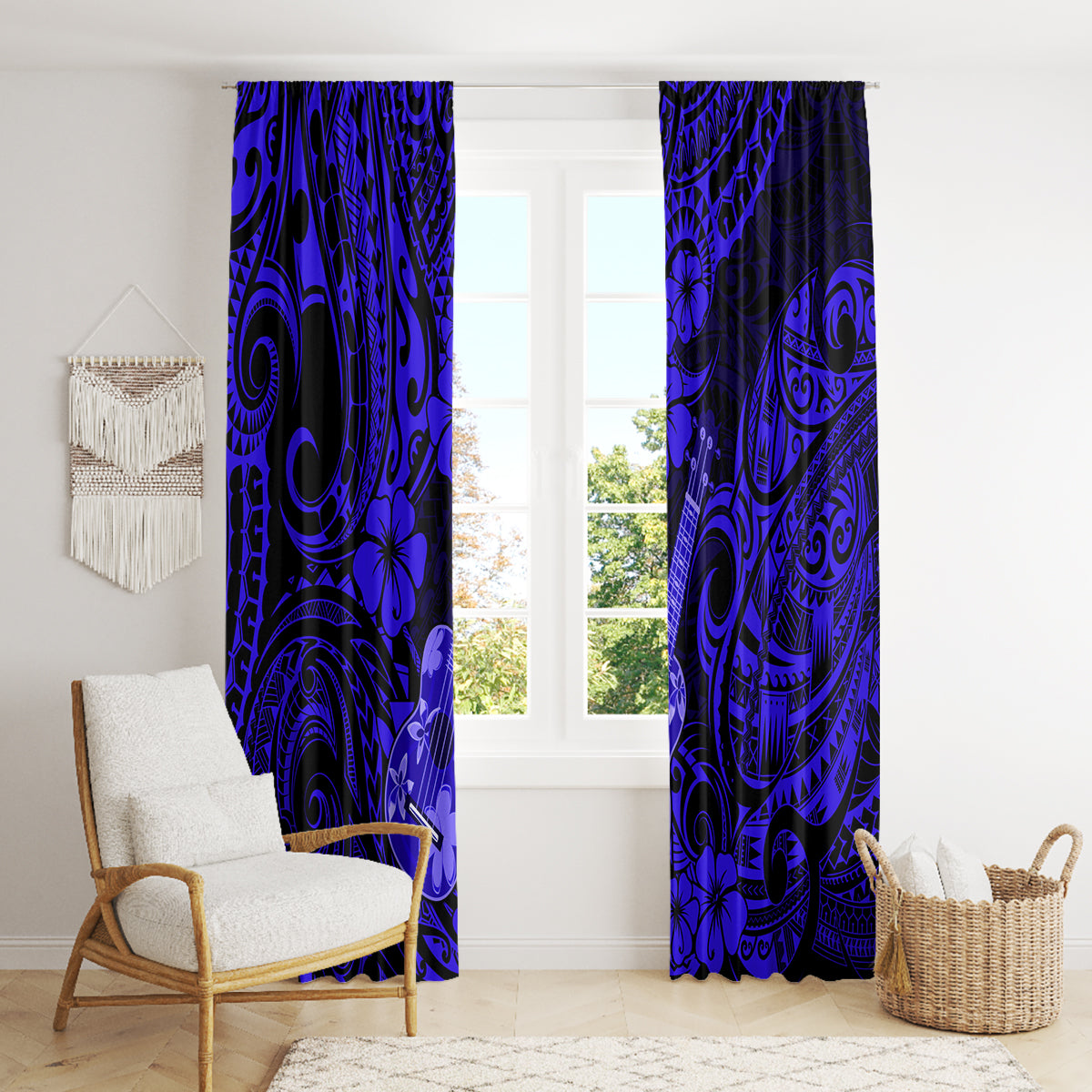 Hawaii Ukulele Window Curtain Polynesian Pattern Navy Blue Version - Wonder Print Shop