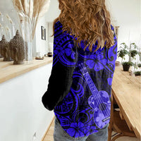 Hawaii Ukulele Women Casual Shirt Polynesian Pattern Navy Blue Version - Wonder Print Shop