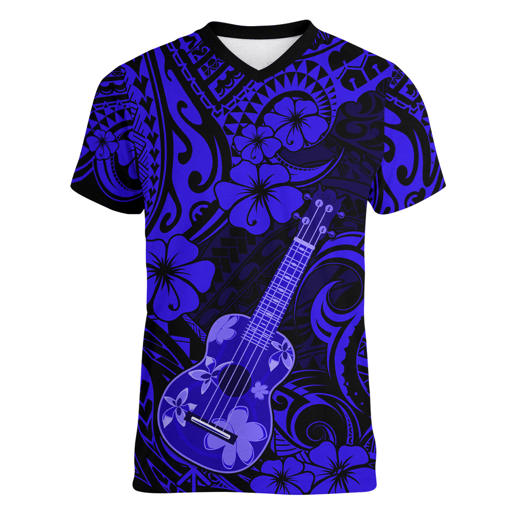 Hawaii Ukulele Women V Neck T Shirt Polynesian Pattern Navy Blue Version - Wonder Print Shop