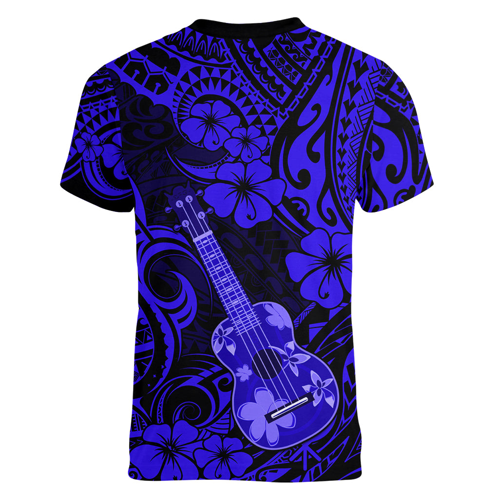 Hawaii Ukulele Women V Neck T Shirt Polynesian Pattern Navy Blue Version - Wonder Print Shop