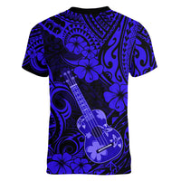 Hawaii Ukulele Women V Neck T Shirt Polynesian Pattern Navy Blue Version - Wonder Print Shop