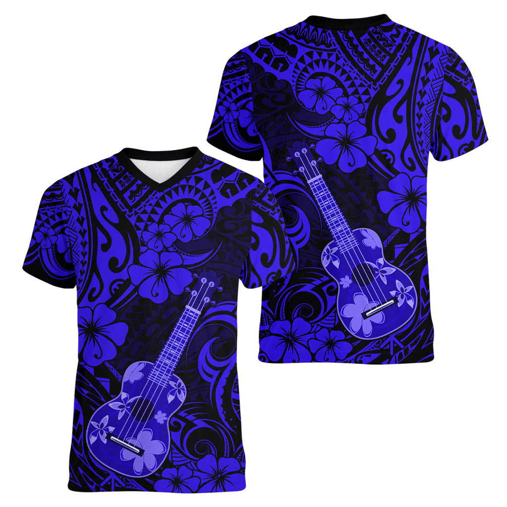 Hawaii Ukulele Women V Neck T Shirt Polynesian Pattern Navy Blue Version - Wonder Print Shop