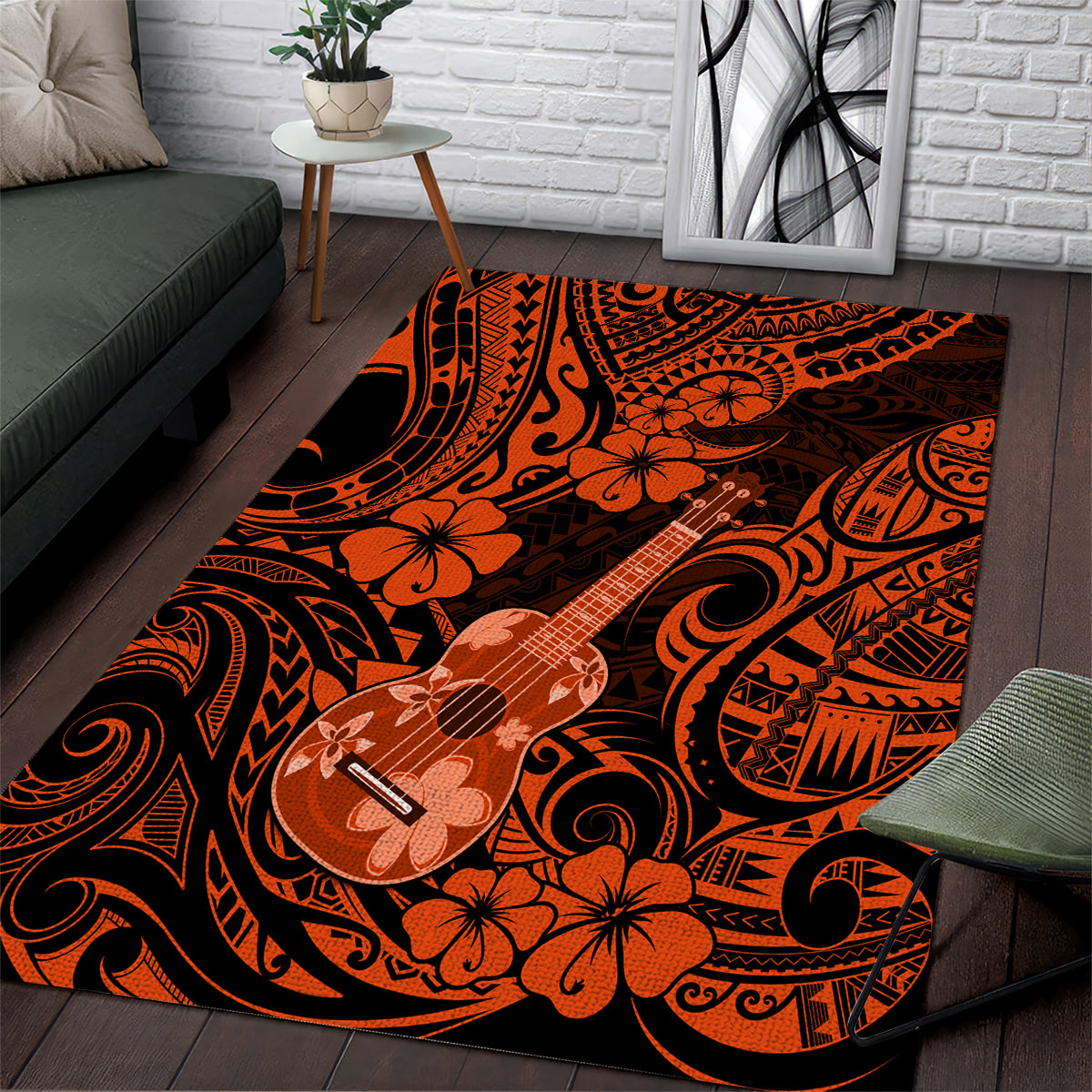 Hawaii Ukulele Area Rug Polynesian Pattern Orange Version - Wonder Print Shop