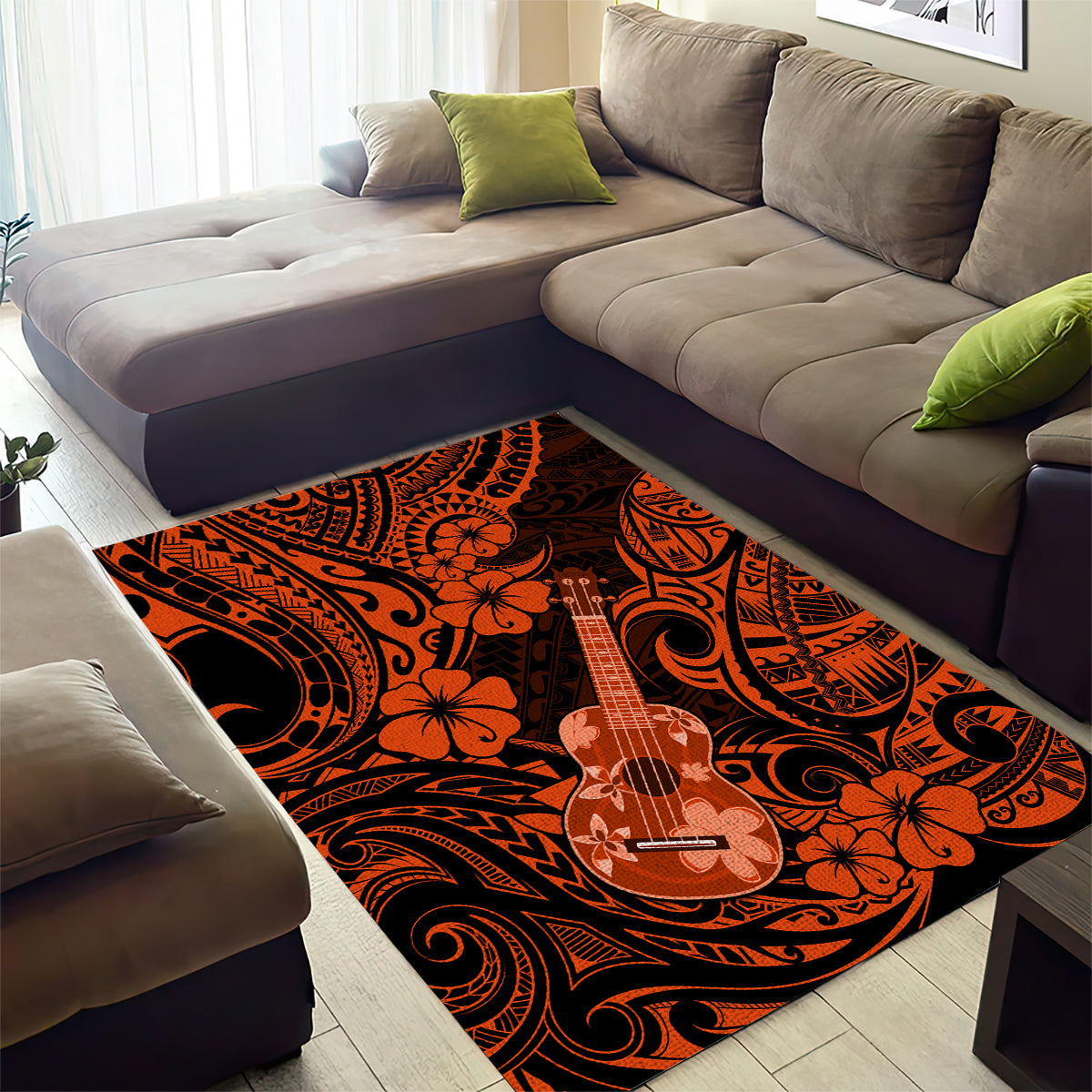 Hawaii Ukulele Area Rug Polynesian Pattern Orange Version - Wonder Print Shop