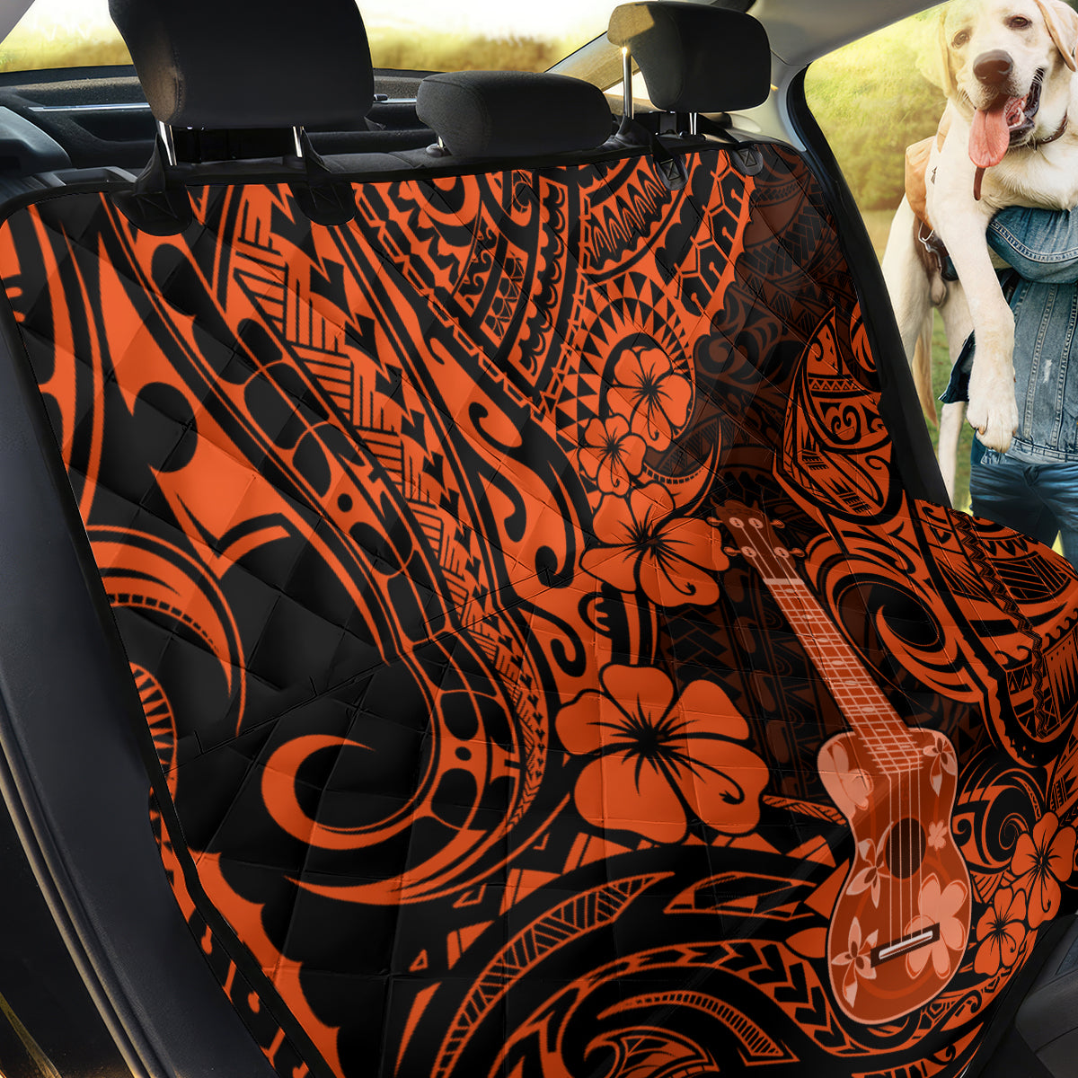 Hawaii Ukulele Back Car Seat Cover Polynesian Pattern Orange Version - Wonder Print Shop