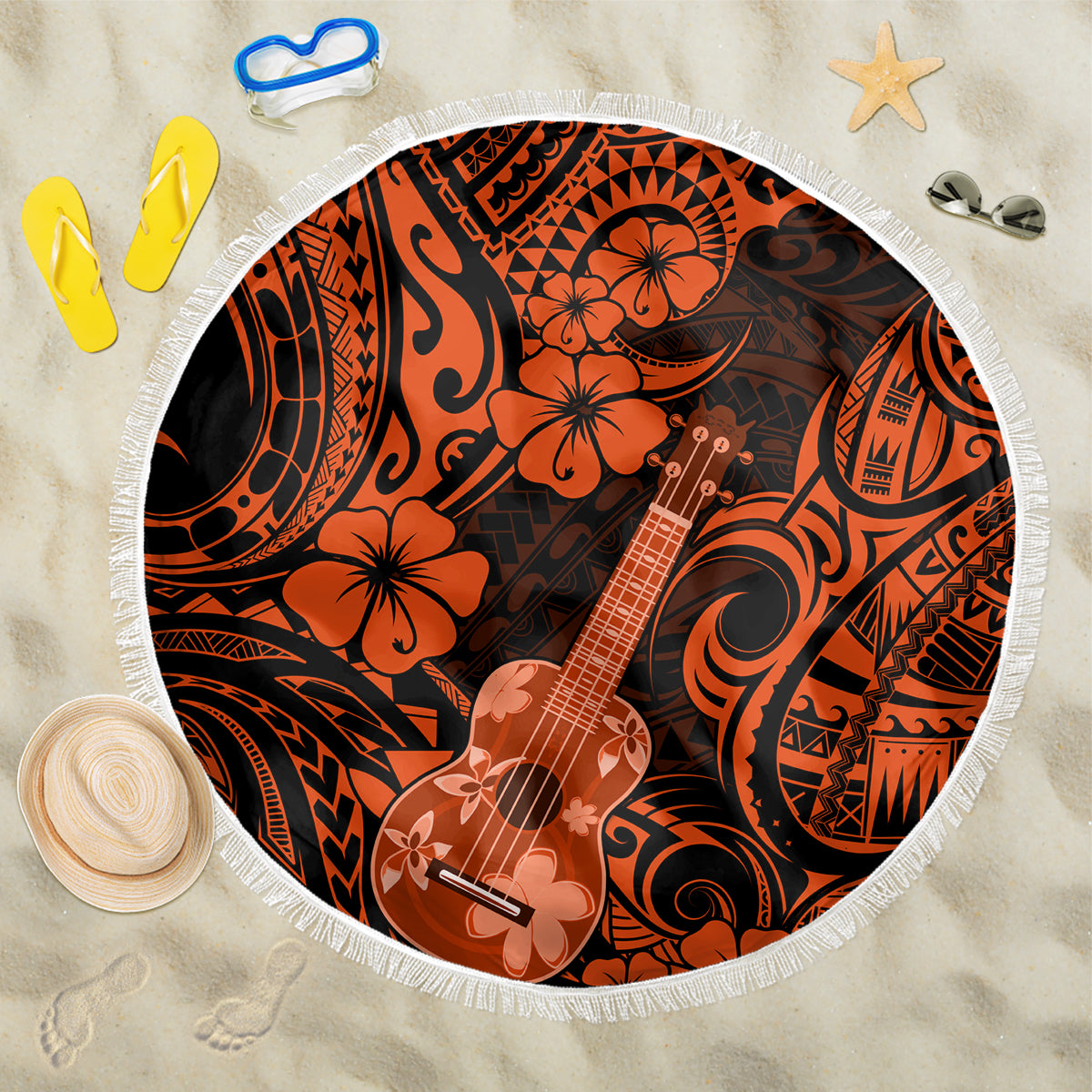 Hawaii Ukulele Beach Blanket Polynesian Pattern Orange Version - Wonder Print Shop