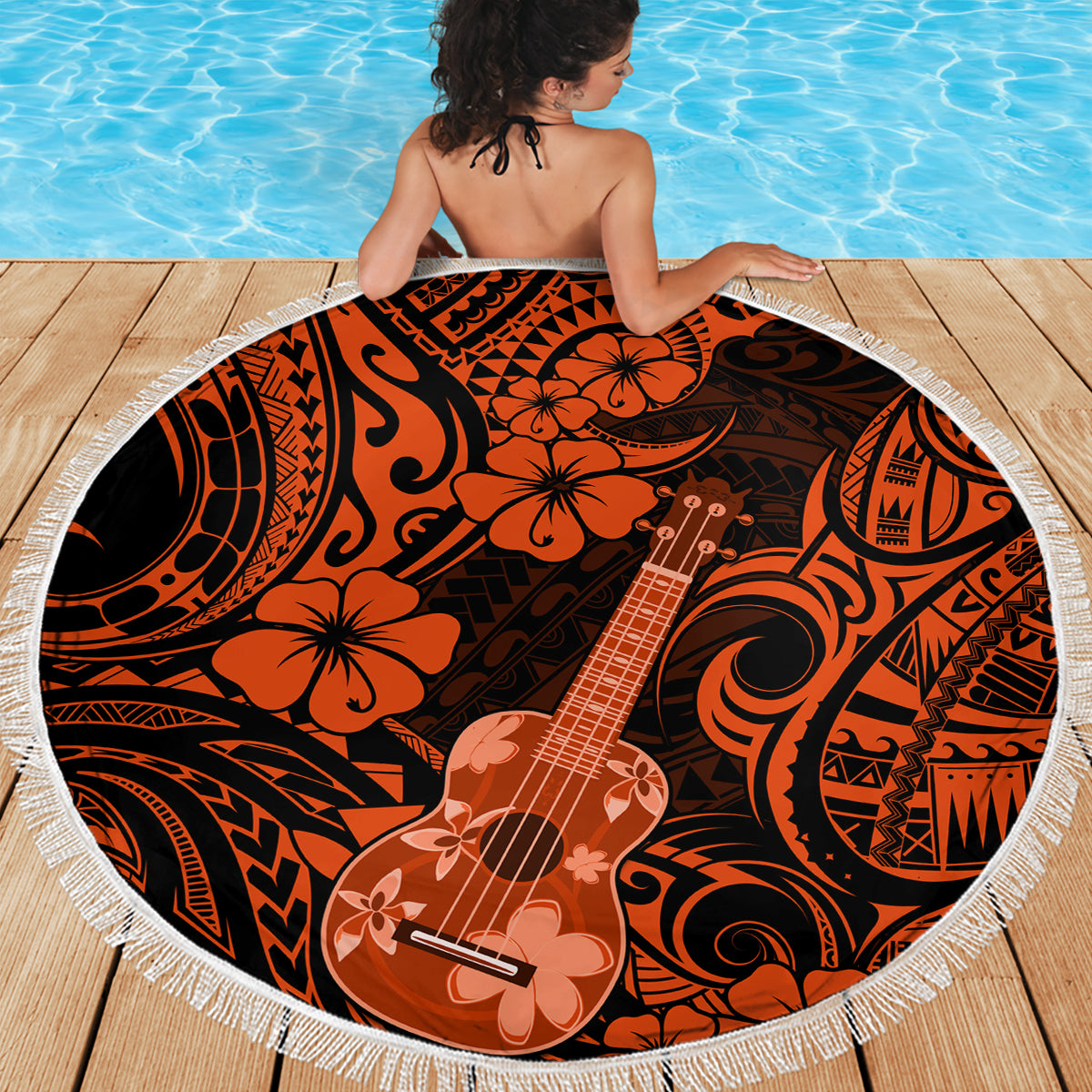 Hawaii Ukulele Beach Blanket Polynesian Pattern Orange Version - Wonder Print Shop