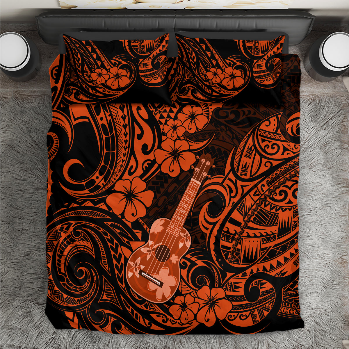 Hawaii Ukulele Bedding Set Polynesian Pattern Orange Version - Wonder Print Shop