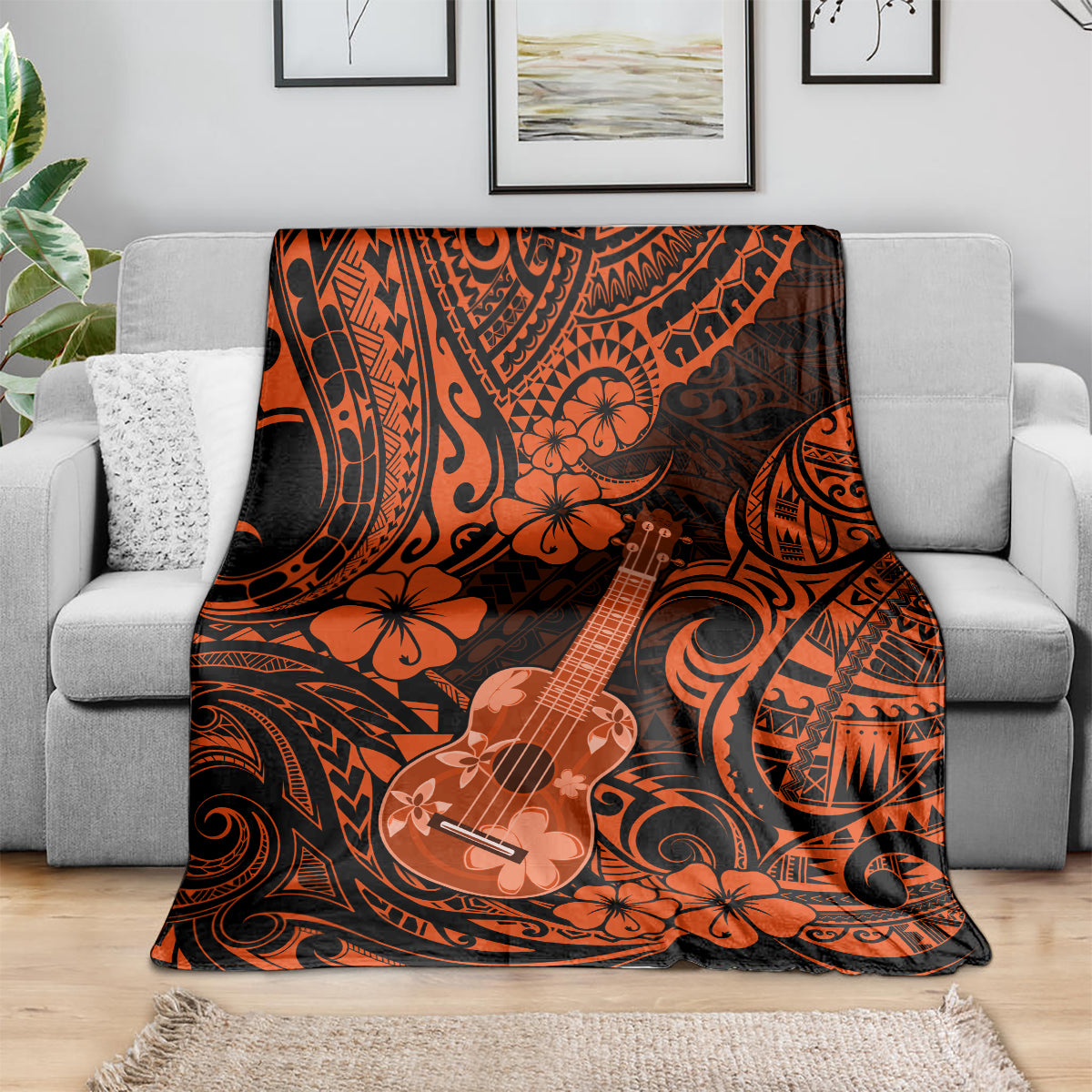 hawaii-ukulele-blanket-polynesian-pattern-orange-version