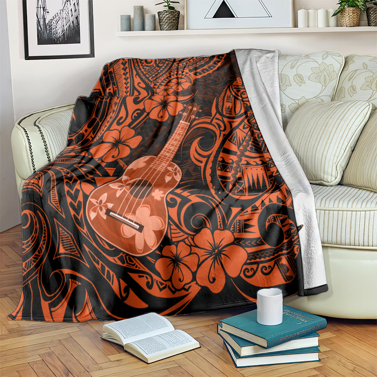 hawaii-ukulele-blanket-polynesian-pattern-orange-version