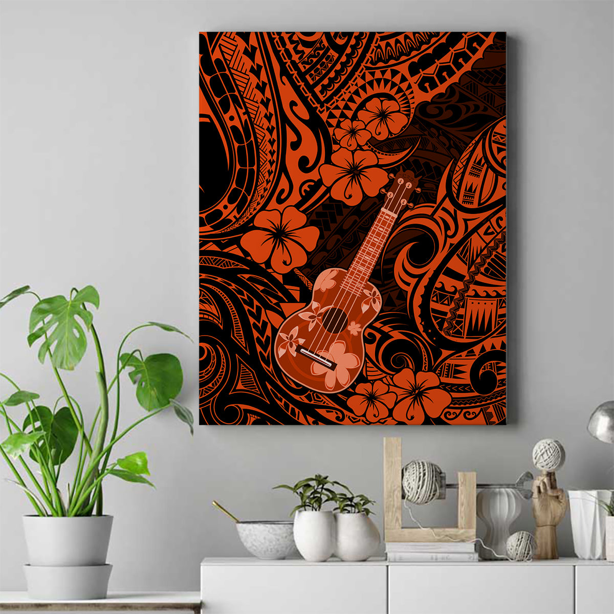 Hawaii Ukulele Canvas Wall Art Polynesian Pattern Orange Version - Wonder Print Shop