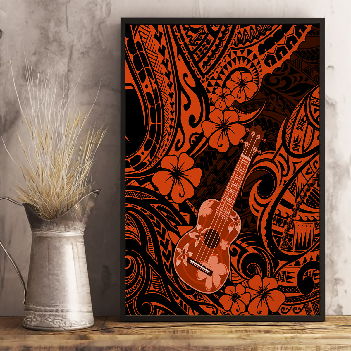 Hawaii Ukulele Canvas Wall Art Polynesian Pattern Orange Version - Wonder Print Shop