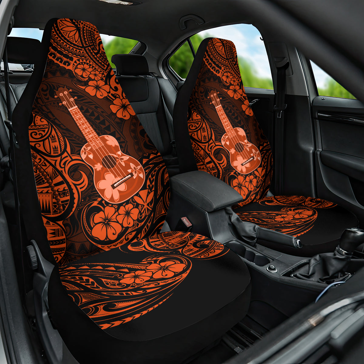 Hawaii Ukulele Car Seat Cover Polynesian Pattern Orange Version - Wonder Print Shop