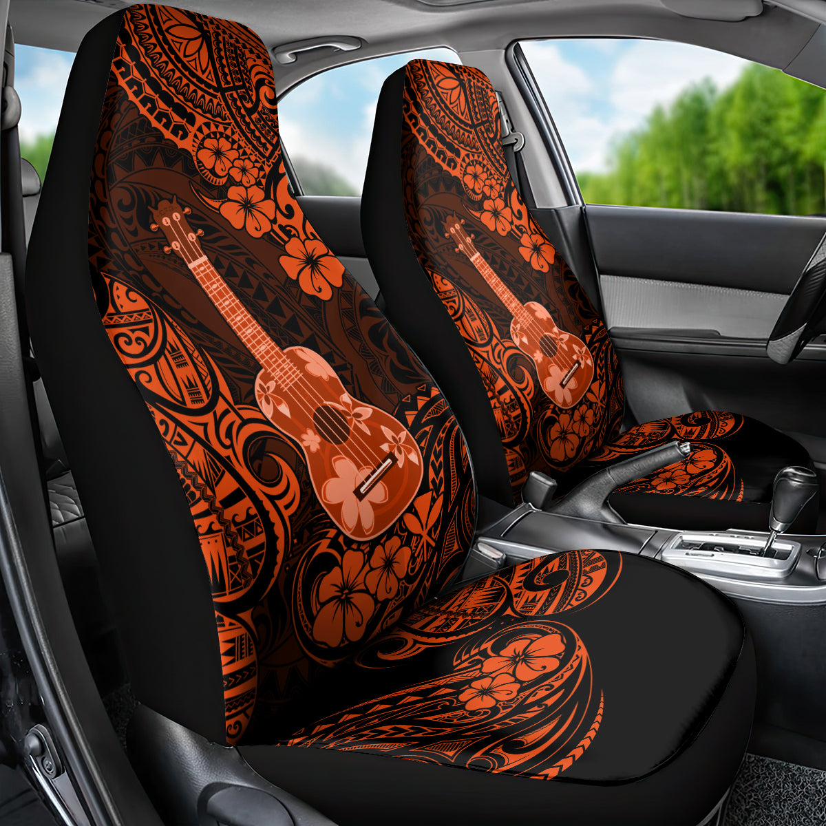 Hawaii Ukulele Car Seat Cover Polynesian Pattern Orange Version - Wonder Print Shop