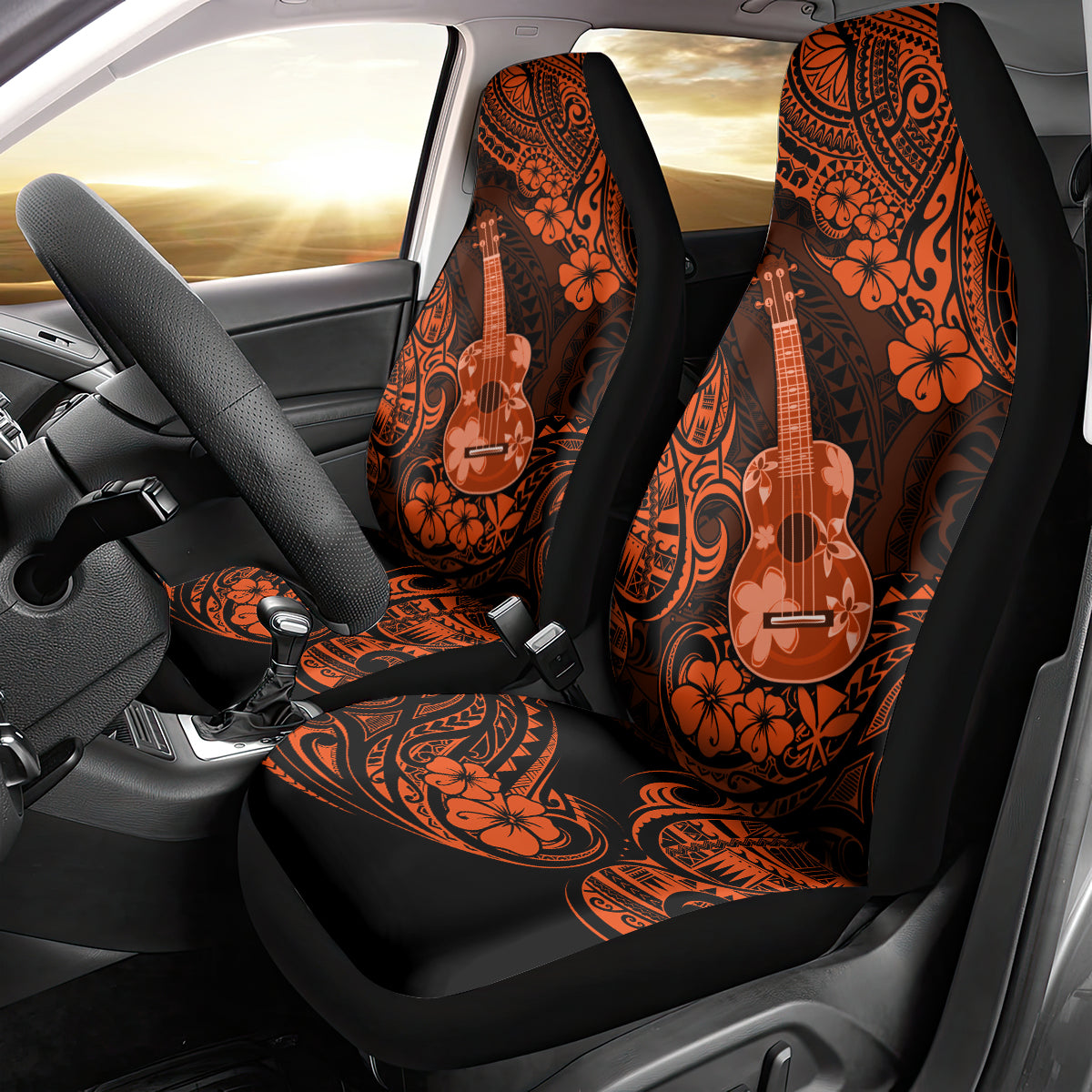 Hawaii Ukulele Car Seat Cover Polynesian Pattern Orange Version - Wonder Print Shop