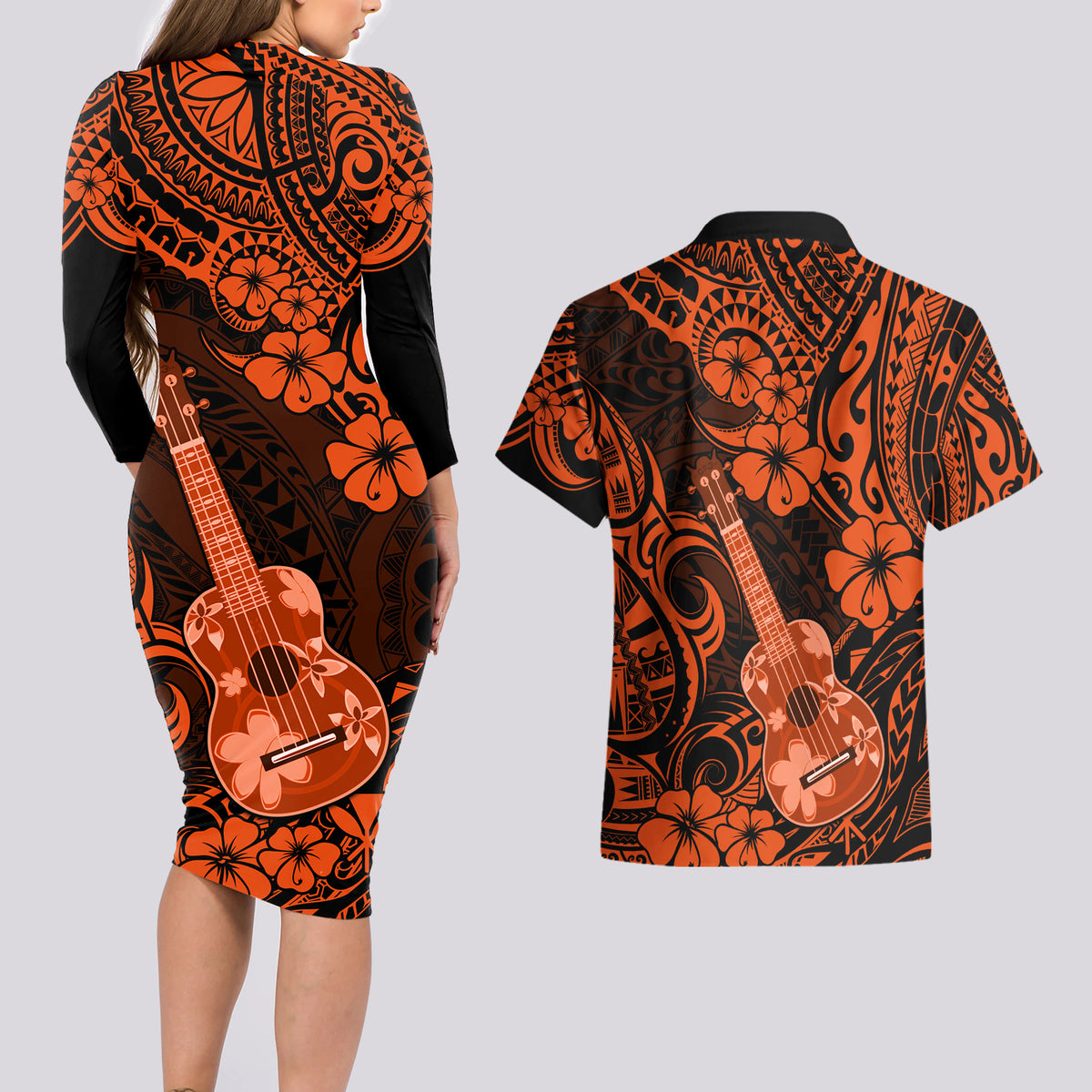 Hawaii Ukulele Couples Matching Long Sleeve Bodycon Dress and Hawaiian Shirt Polynesian Pattern Orange Version - Wonder Print Shop