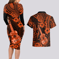 Hawaii Ukulele Couples Matching Long Sleeve Bodycon Dress and Hawaiian Shirt Polynesian Pattern Orange Version - Wonder Print Shop