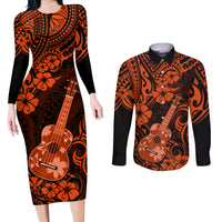 Hawaii Ukulele Couples Matching Long Sleeve Bodycon Dress and Long Sleeve Button Shirts Polynesian Pattern Orange Version - Wonder Print Shop