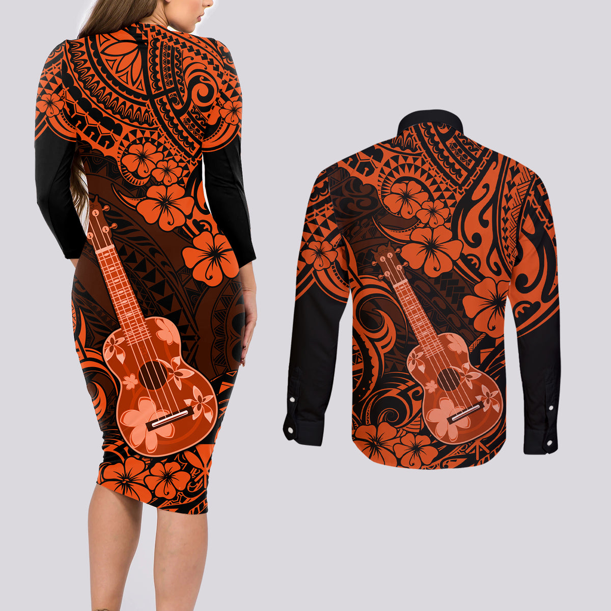 Hawaii Ukulele Couples Matching Long Sleeve Bodycon Dress and Long Sleeve Button Shirts Polynesian Pattern Orange Version - Wonder Print Shop