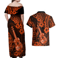 Hawaii Ukulele Couples Matching Off Shoulder Maxi Dress and Hawaiian Shirt Polynesian Pattern Orange Version - Wonder Print Shop
