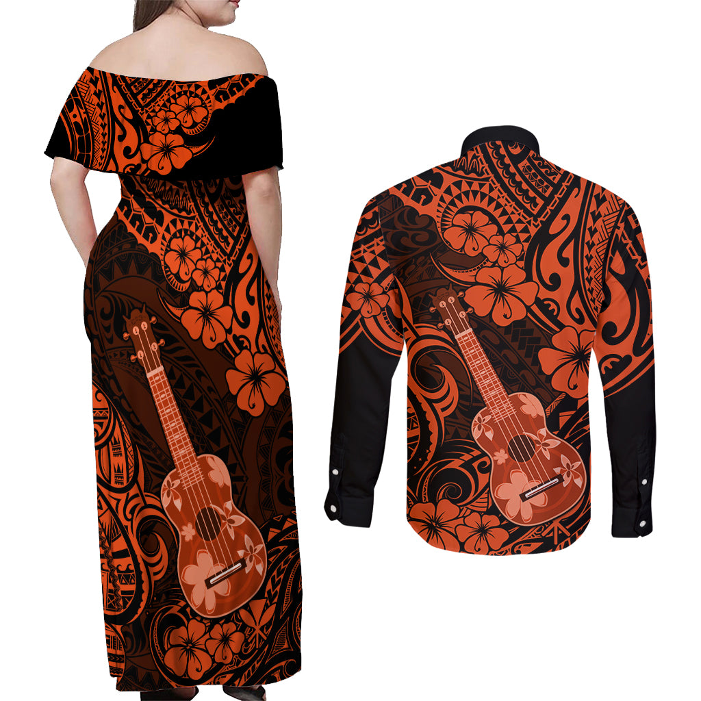 Hawaii Ukulele Couples Matching Off Shoulder Maxi Dress and Long Sleeve Button Shirts Polynesian Pattern Orange Version - Wonder Print Shop