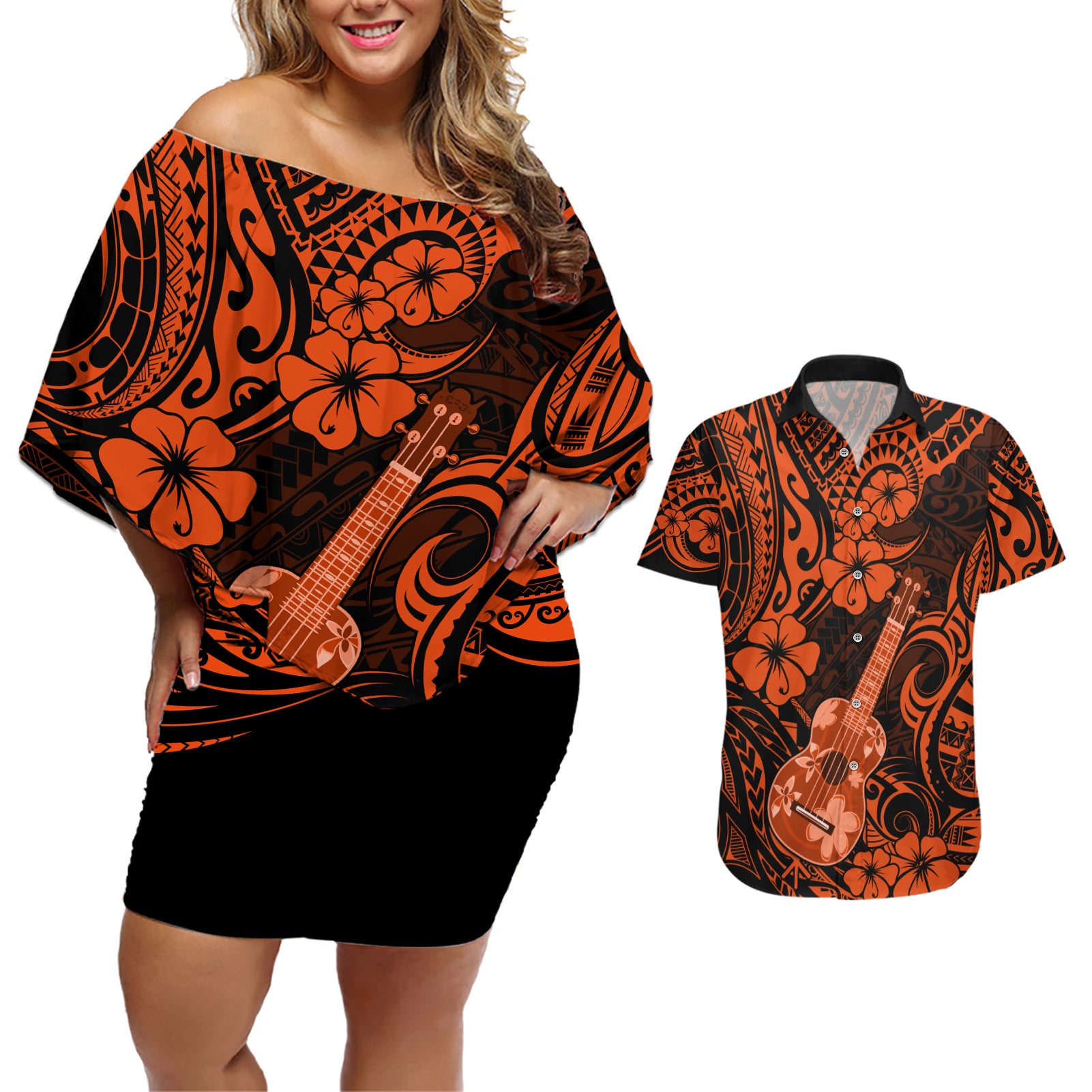 Hawaii Ukulele Couples Matching Off Shoulder Short Dress and Hawaiian Shirt Polynesian Pattern Orange Version - Wonder Print Shop