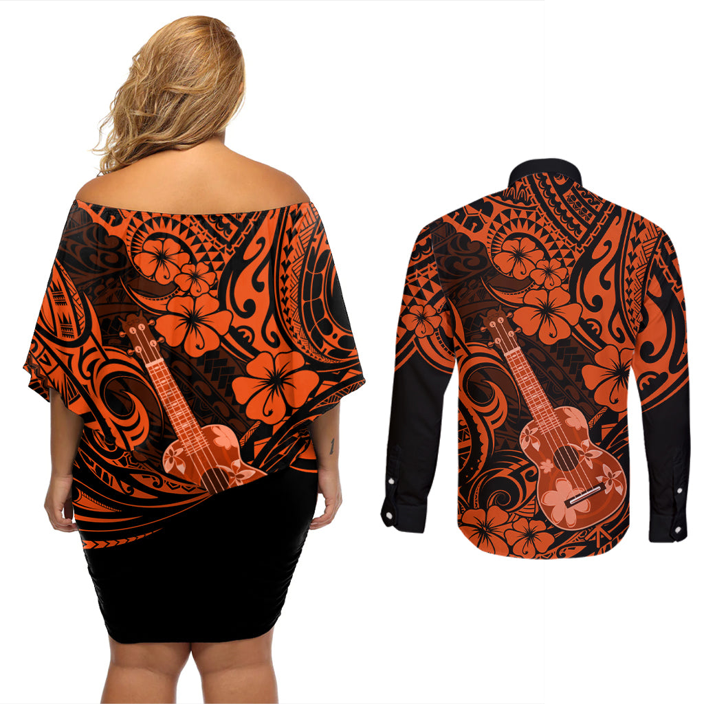 Hawaii Ukulele Couples Matching Off Shoulder Short Dress and Long Sleeve Button Shirts Polynesian Pattern Orange Version - Wonder Print Shop