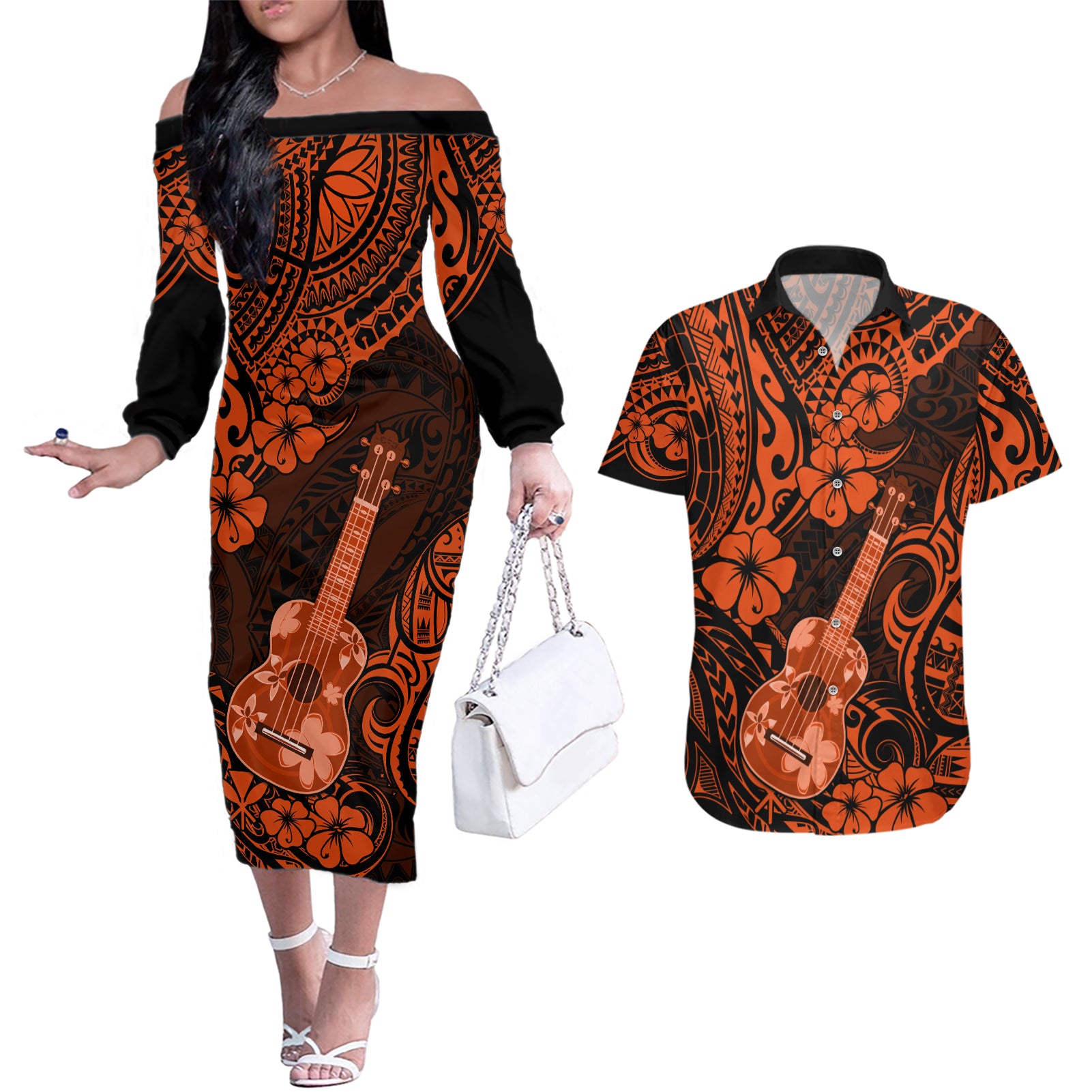 Hawaii Ukulele Couples Matching Off The Shoulder Long Sleeve Dress and Hawaiian Shirt Polynesian Pattern Orange Version - Wonder Print Shop