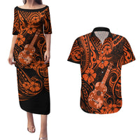 Hawaii Ukulele Couples Matching Puletasi Dress and Hawaiian Shirt Polynesian Pattern Orange Version - Wonder Print Shop