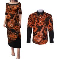 Hawaii Ukulele Couples Matching Puletasi Dress and Long Sleeve Button Shirts Polynesian Pattern Orange Version - Wonder Print Shop